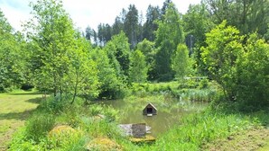 A pond with a small wooden structure in the center, surrounded by lush greenery and trees. - Apartment 'Haus Annenberg' with Shared Terrace, Shared Garden and Wi-Fi (Monzelfeld)