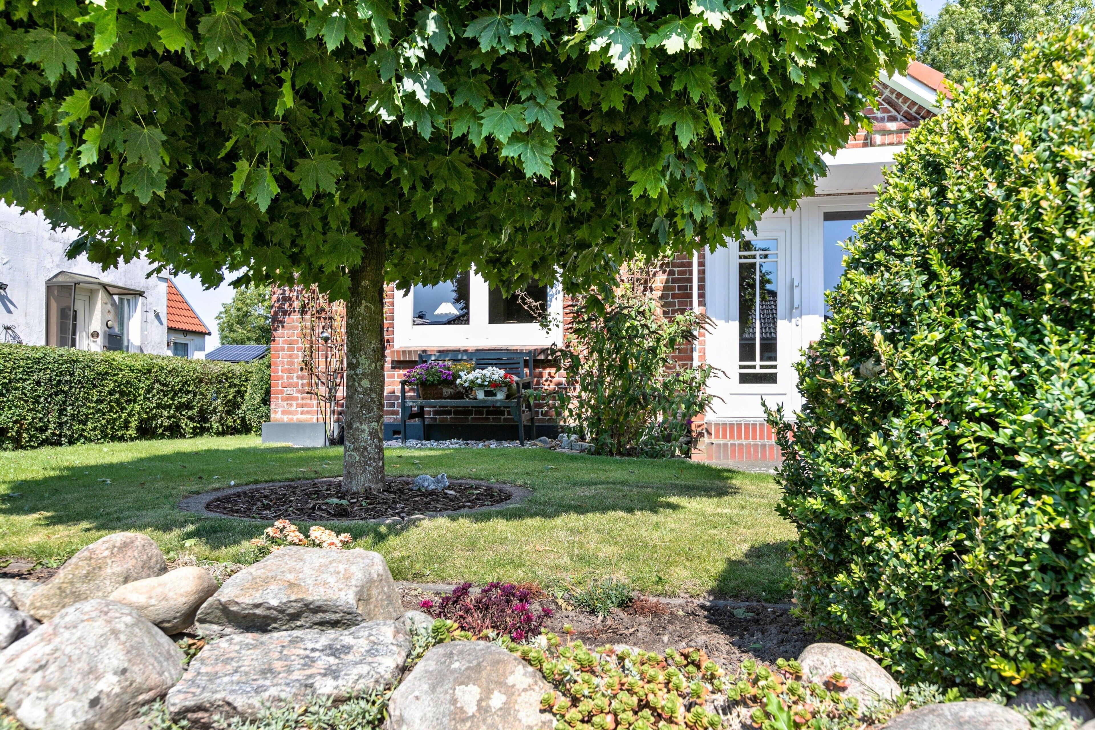 Ein Wohnhausgarten mit Baum, Steinen und einem gepflegten Rasen.