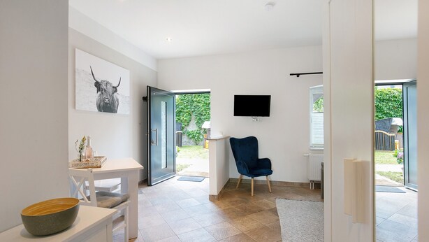 Un intérieur moderne comprenant un coin repas, une chaise bleue, un téléviseur et une porte donnant sur l’extérieur.