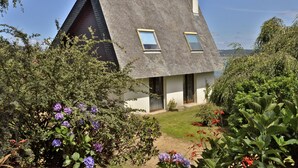 Een huis met schuin dak, twee ramen en een tuin vol paarse en rode bloemen.