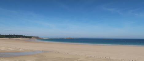 A wide beach with a clear sky.