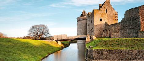A historic castle with a moat, a wooden bridge, and a grassy landscape.