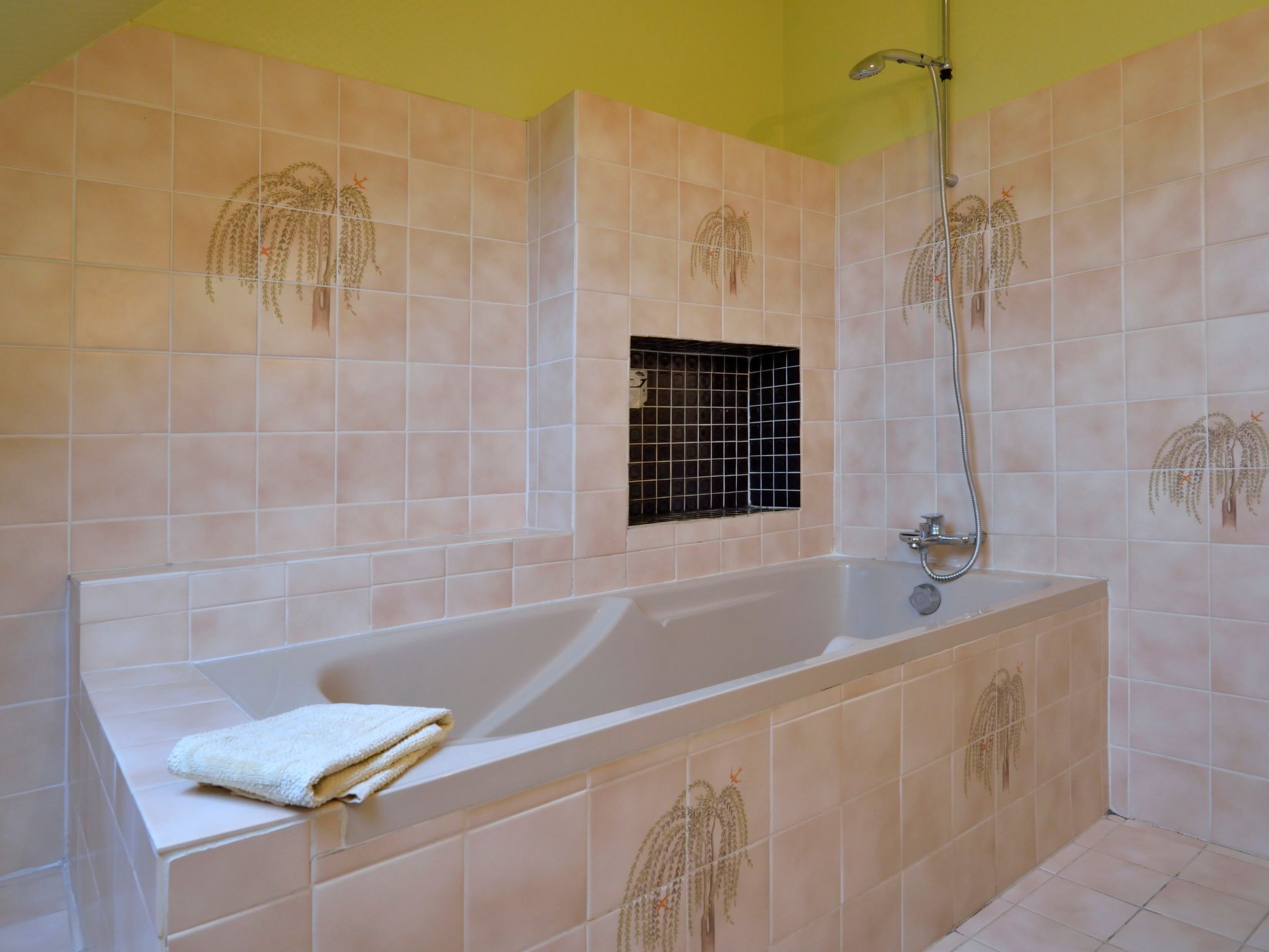 Ein modernes Badezimmer mit einer großen Badewanne, einer Dusche und dekorativen Fliesen.