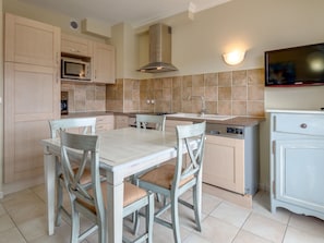 Fridge, microwave, dishwasher, cookware/dishes/utensils