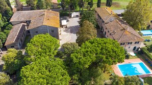 An aerial view of a property with multiple buildings, a swimming pool, and surrounding greenery. - Fattoria di Scaletta by Interhome (San Miniato)