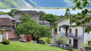 Un quartier résidentiel avec des maisons en pierre, un arbre et une vue sur un lac et des montagnes.