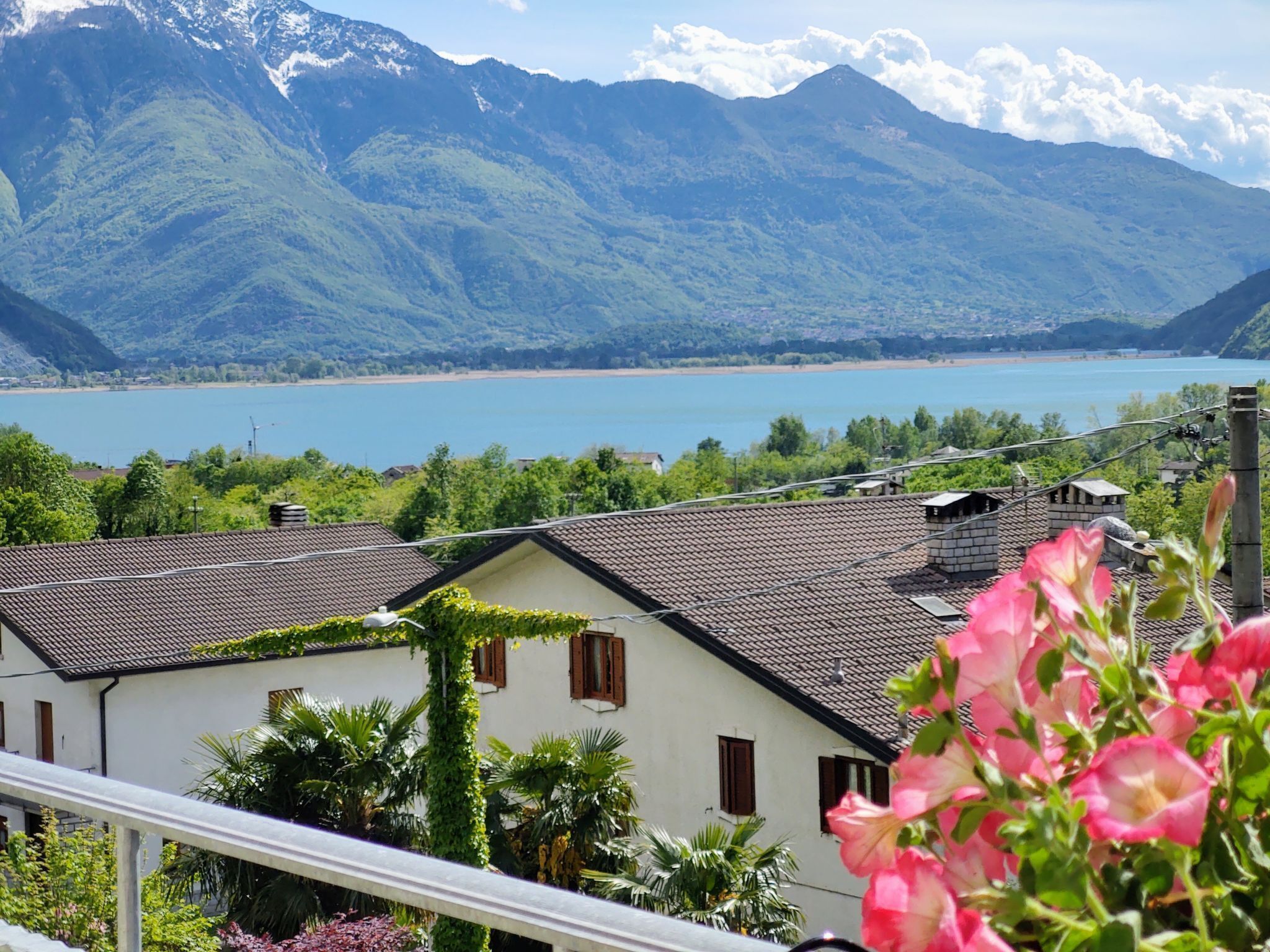 A view of a lake with mountains in the background, a white building with a tiled roof, and pink flowers in the foreground.