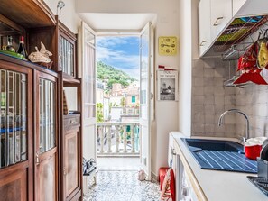 Fridge, microwave, oven, high chair