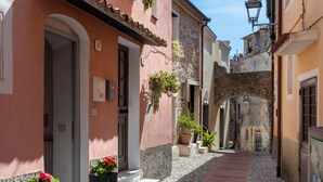 Una stretta strada acciottolata, con edifici sui lati caratterizzati da portali ad arco e piante in vaso.