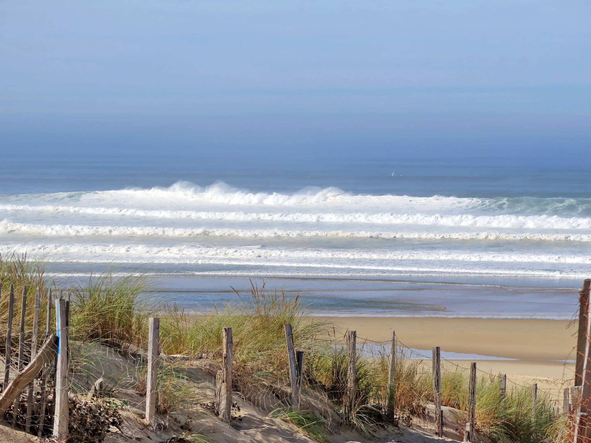 Una playa con olas, una orilla de arena y una valla de madera.