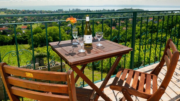 Uma mesa de madeira com uma garrafa de vinho, dois copos e uma flor numa varanda com vista para uma paisagem verde.