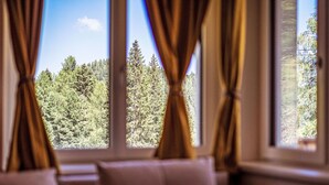 A room with a sofa and curtains, a window with a view of trees. - für 4 Personen by Interhome (Turracher Höhe)