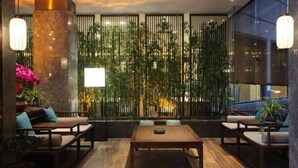 Un área de estar interior moderna con una mesa y sillas de madera, un muro decorativo de bambú y vistas a través de un panel de vidrio.