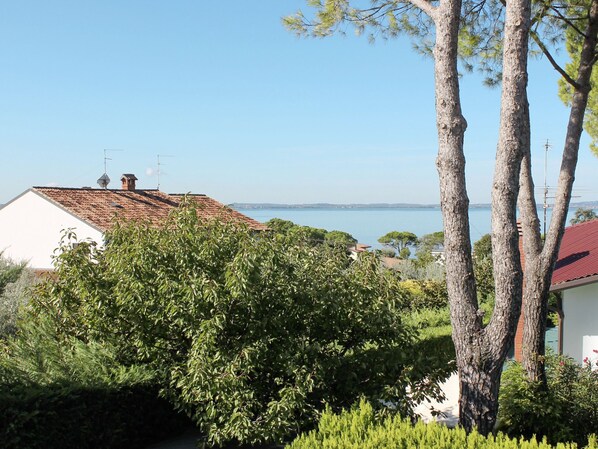 A coastal view with a house, trees, and a clear sky.