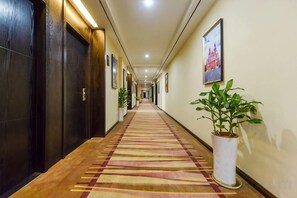 Corredor de hotel com piso coberto por carpete, portas à esquerda e plantas em vasos à direita.