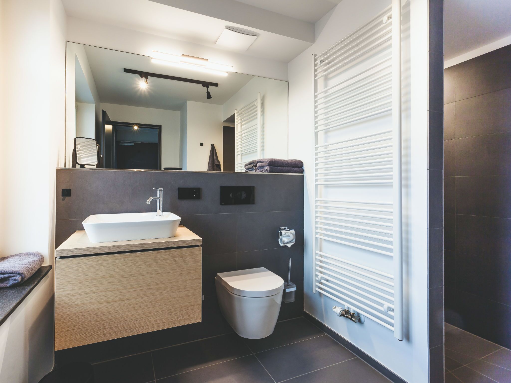 A modern bathroom with a white sink, a toilet, and a towel rack.