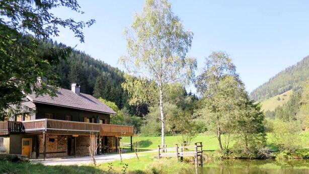 A rustic wooden house with a balcony overlooking a calm lake, surrounded by lush greenery and hills. - Fischerhütte by Interhome (Stein an der Enns)