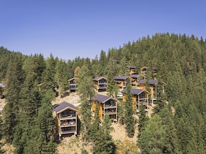 Un ensemble de chalets en bois à plusieurs étages, entourés d’une forêt dense.