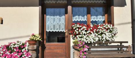 Un banco de madera con un felpudo verde frente a una puerta con cortina de encaje. Hay macetas con flores rosadas y blancas a ambos lados de la puerta.