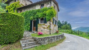 Ein rustikales Steinhaus mit grünen Fensterläden, einer Steintreppe und einem Blumentopf auf der Veranda.