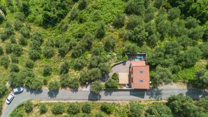 Vista aérea de uma casa com telhado vermelho, rodeada por vegetação densa e uma estrada pavimentada com carros estacionados.