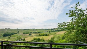 Une vue panoramique depuis un balcon doté d’une balustrade en métal, donnant sur un paysage verdoyant avec des collines ondoyantes et quelques bâtiments dispersés au loin.