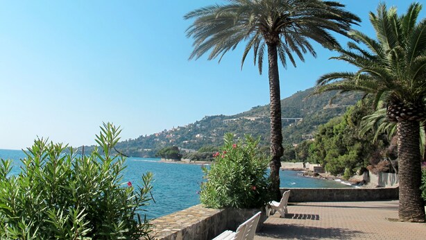Eine Uferpromenade mit Palmen, einer Steinmauer und Blick auf das Meer und ferne Hügel.