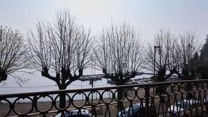 Vista di una zona sul lungomare, con alberi spogli e auto parcheggiate, con una recinzione metallica in primo piano.
