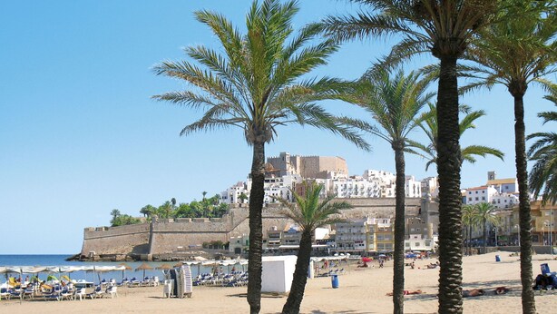 A beach with palm trees, a sandy shore, and a historic fort overlooking the sea.