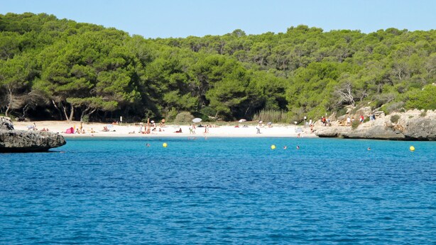 A beach with clear blue water, sandy shore, and a forested hill in the background. - Jardines by Interhome (Felanitx)
