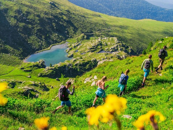Un groupe de randonneurs sur un sentier de montagne herbeux, avec un lac en arrière-plan.