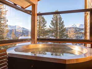 Een wellnessruimte met een jacuzzi, grote ramen en uitzicht op besneeuwde bergen.