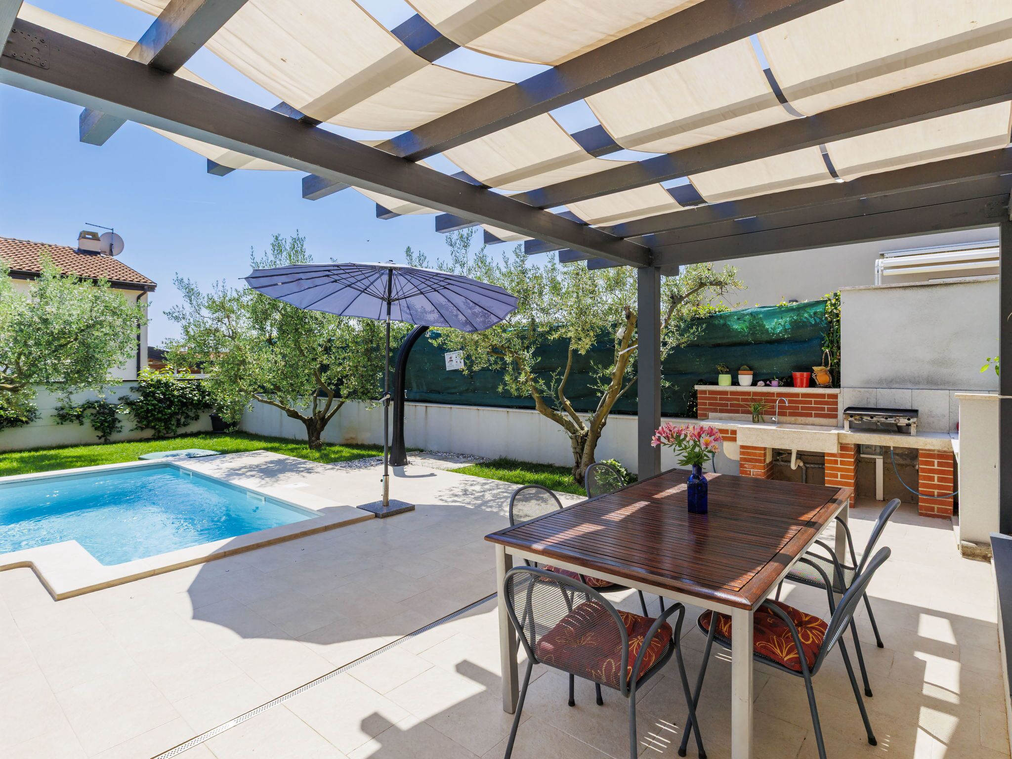 A covered patio with a pool, outdoor seating, and a barbecue area.