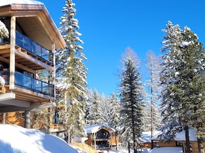 A multi-story building with large windows, surrounded by snow-covered trees. - 02_NTH008_Sup Chalet mit Sauna und Hot Tub 2 Etage by Interhome (Turracher Höhe)