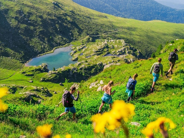 A group of hikers on a grassy mountain trail with a lake in the background.