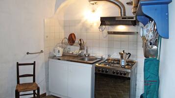 Fridge, oven, toaster, cookware/dishes/utensils