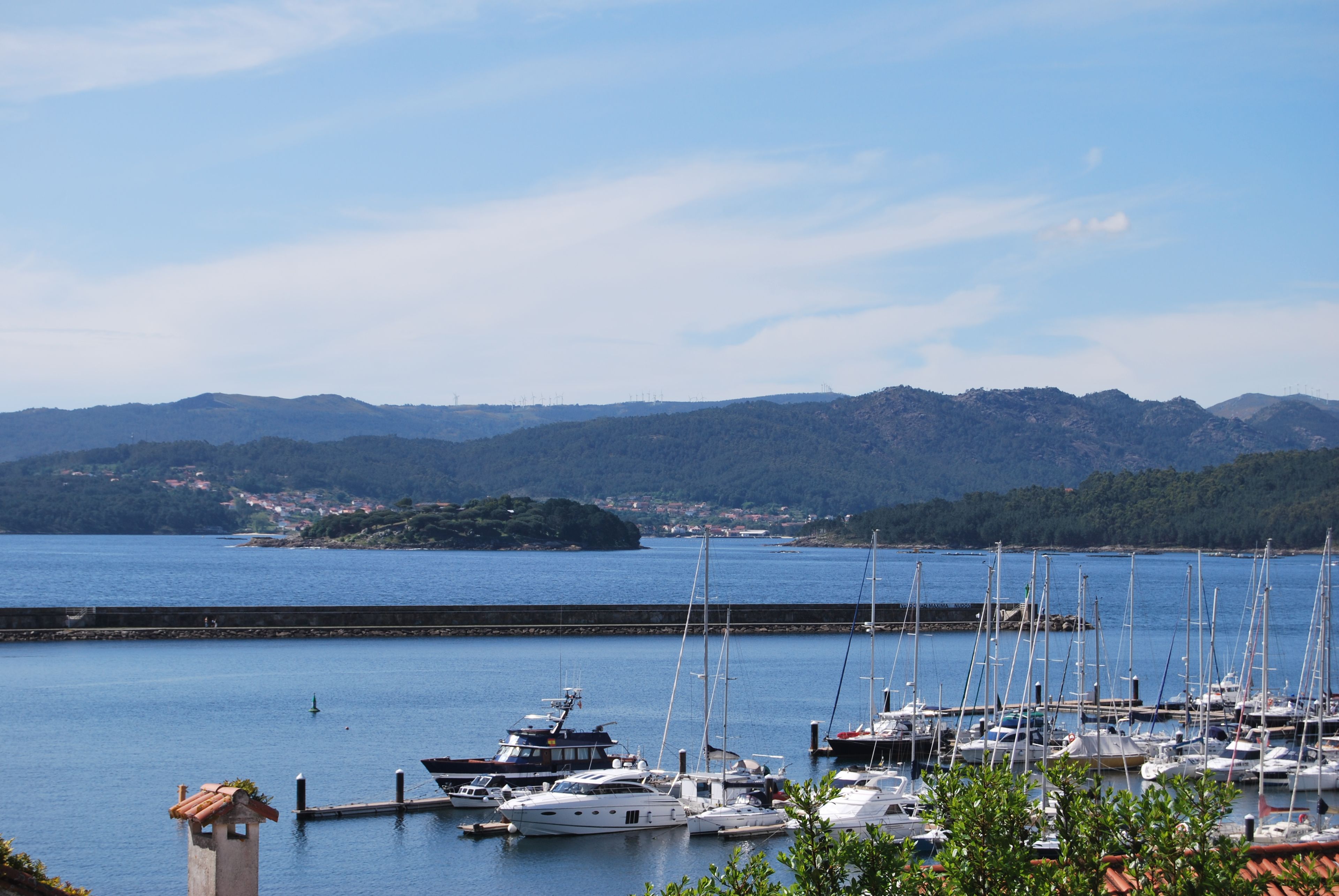 A marina with multiple sailboats docked, a clear sky, and a mountainous landscape in the background.