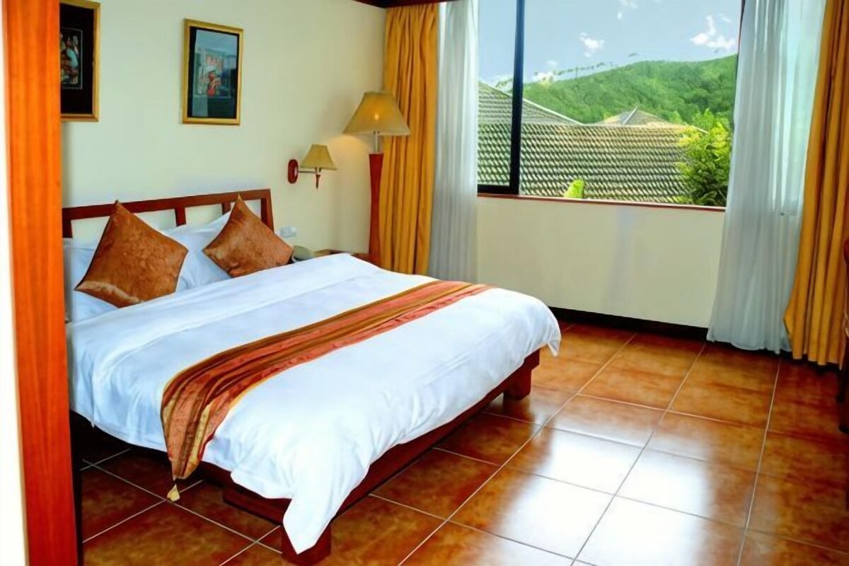 A hotel room with a large bed, a window with curtains, and a view of a green landscape.