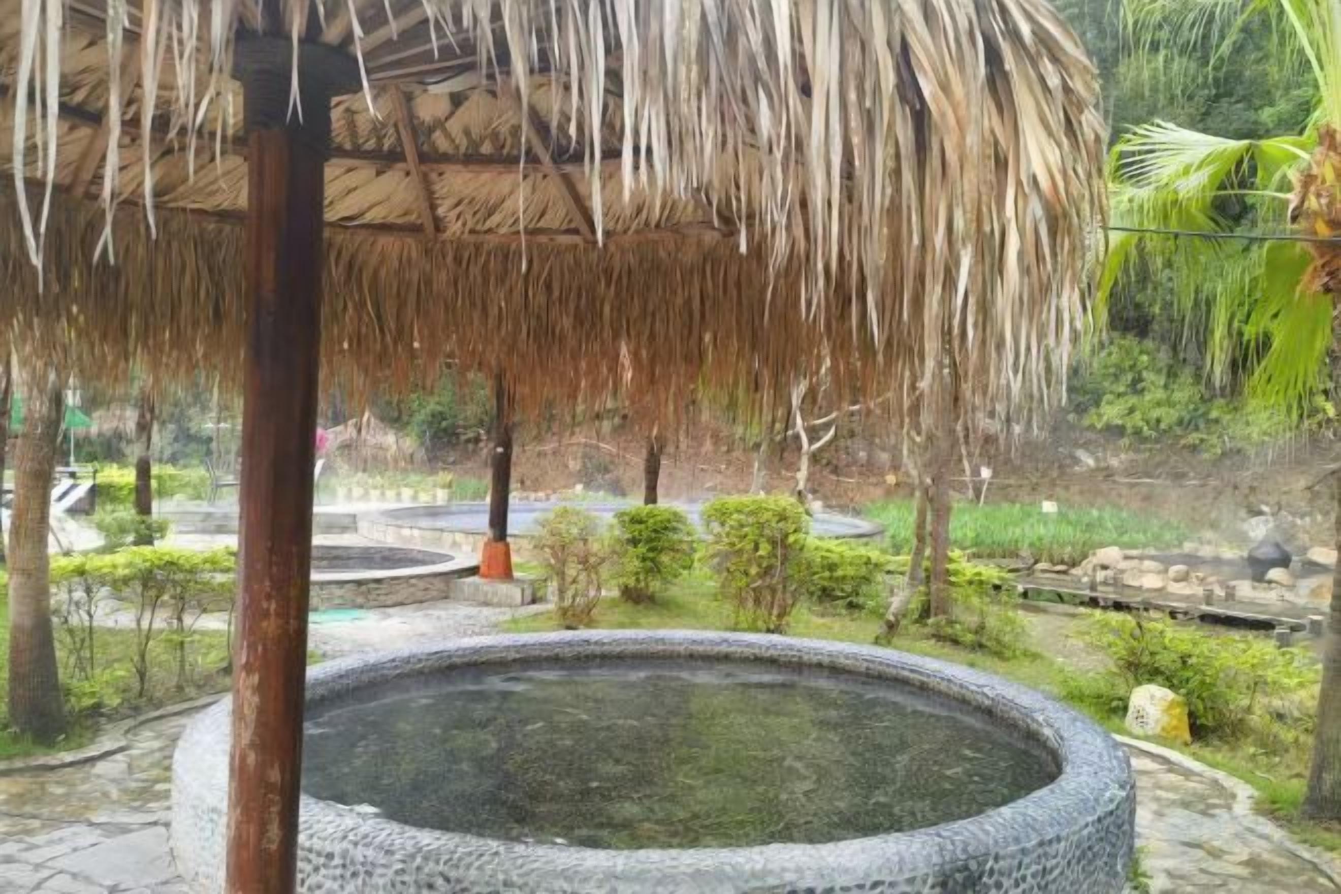 Una estructura con techo de paja y un estanque circular en un jardín ajardinado.