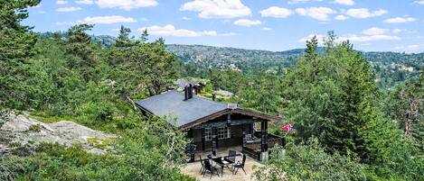 A cabin with a deck, surrounded by dense forest and mountains in the background.