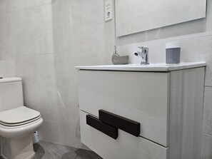 Chuveiro, secador de cabelo, toalhas de banho 