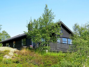 A two-story cabin with a dark exterior, large windows, and a visible satellite dish.