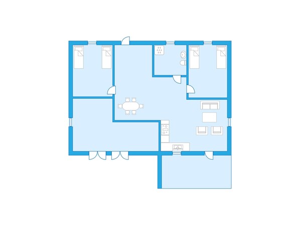 A floor plan of a hotel with a central dining area, multiple bedrooms, bathrooms, and a kitchen. - Huglavika by Interhome (Huglo)