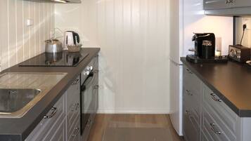 Fridge, microwave, oven, cookware/dishes/utensils