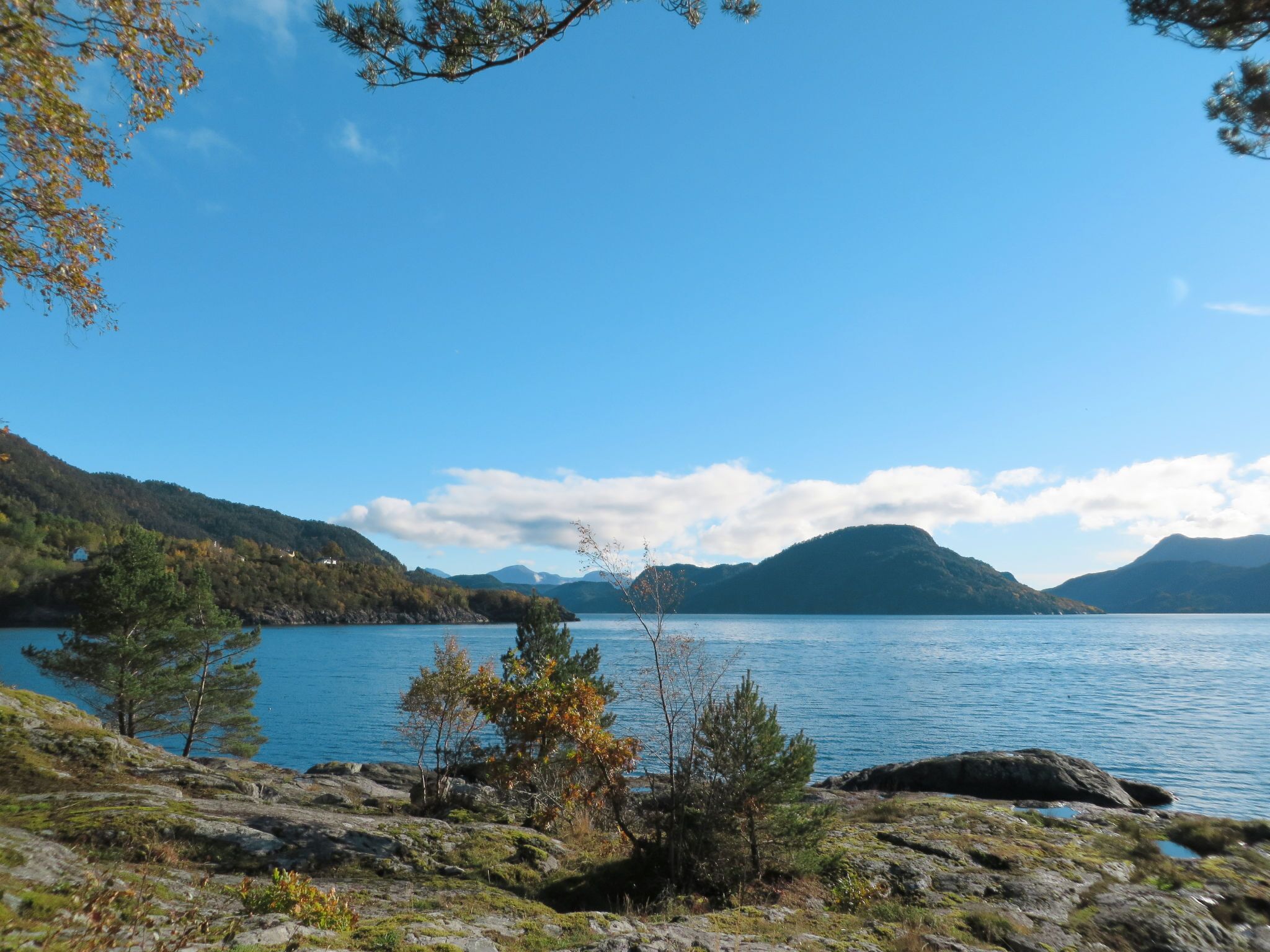 Une vue dégagée sur un lac entouré de collines et d’arbres.