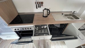 A compact kitchen with a built-in oven, a stovetop, a kettle, and a sink. - Oase im Grünenhinterhof, EG, Ruhe, Terrasse, Carport, Free Paytv, Kaffee&tee, (Duisburg)