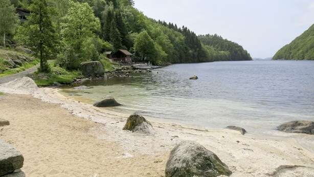 Una platja amb aigua cristal·lina, una cabana de fusta i un vessant forestat.