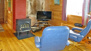 A cozy cabin interior with a wooden floor, a blue leather chair, a television, a wood stove, and a large fur rug.