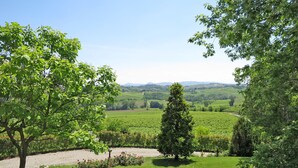 A well-maintained garden with a variety of trees, a lawn, and a gravel path. - Ca' del Vento by Interhome (Oltrepò Pavese)