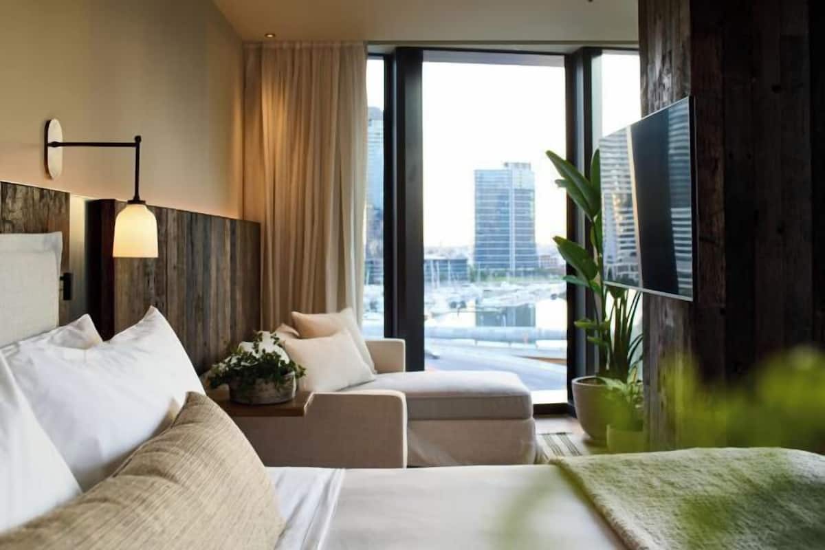 Habitación de hotel con cama, dos sofás, televisor, ventana y vista a la ciudad, además de una planta.